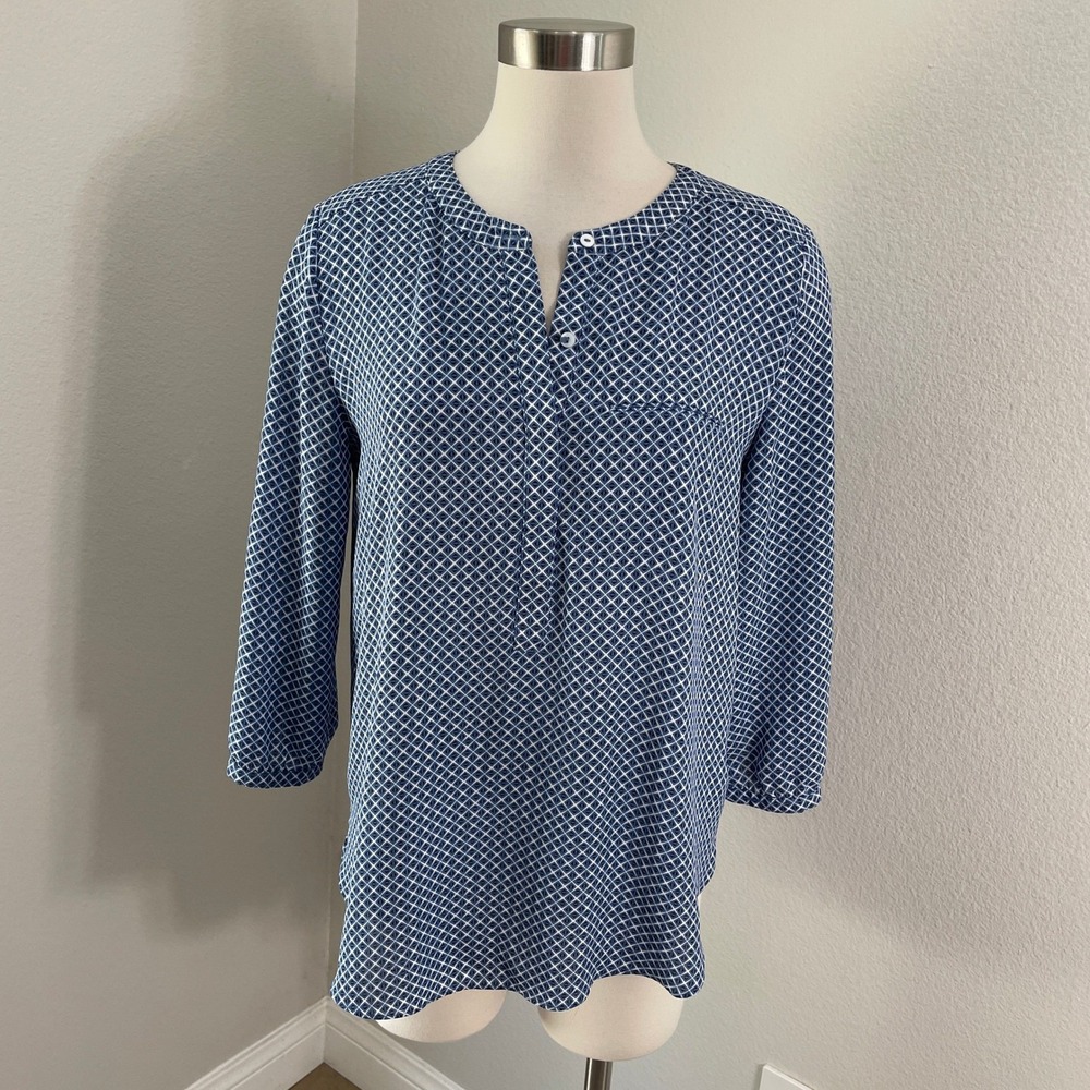 NYDJ Womens Medium Blue Geometric Diamond Print 3/4 Sleeve Blouse Tunic Top‎